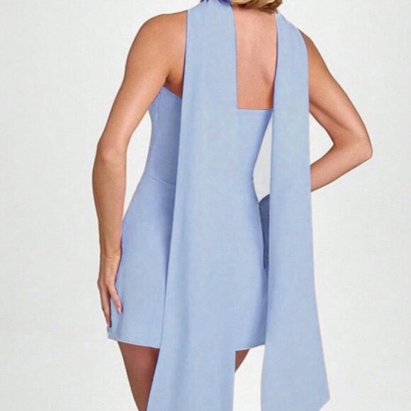 Baby Blue Elegant fitted Mini dress w/ scarp - Picture 3 of 4